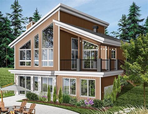 blue single slope lake house metal frame|sloping basement house plans.